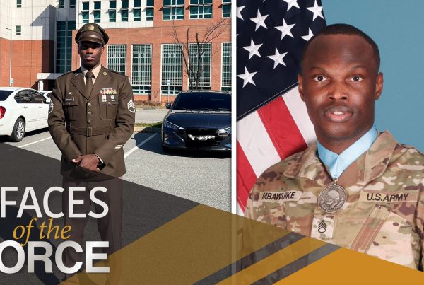 Staff Sgt. Mbawuike Uchechukwu FOTF Featured Image showing Uchechukwu's official headshot (right) and Uchechukwu taking a short break after the 411th CSB Noncommissioned Officer of the Quarter Board at the U.S. Army Corps of Engineers/411th CSB Building at Camp Humphreys Korea, in February 2024 (left).