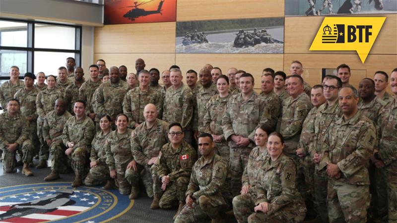 Contracting personnel assigned to the 419th Contracting Support Brigade and members of the 143rd Expeditionary Sustainment Command posed for a photo during their Warfighter Exercise at Fort Bragg, North Carolina, February 2025. Soldier conducted 51C contingency contracting operations using AI simulations and the Maven Smart System.